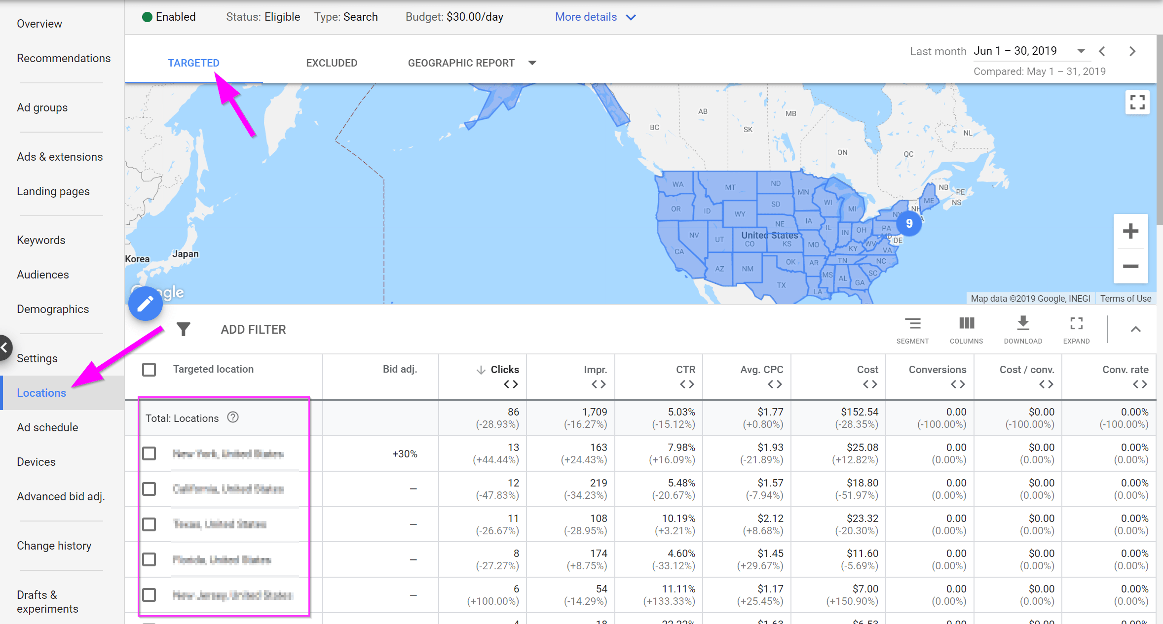 google ads management location settings