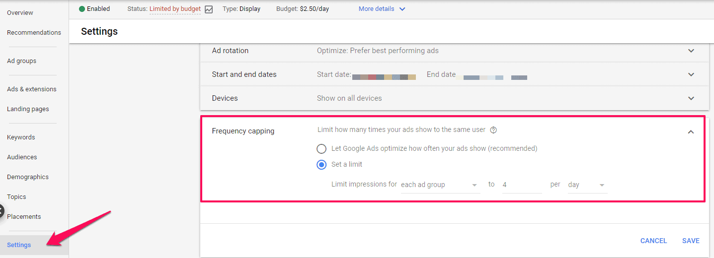 google remarketing frequency cap