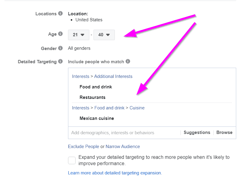 facebook ads for restaurants seasonal settings example