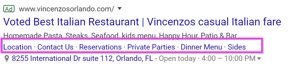 restaurant ads google ads sitelink extensions