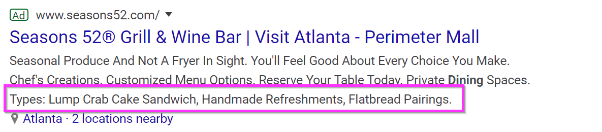 restaurant ads google ads structured snippet